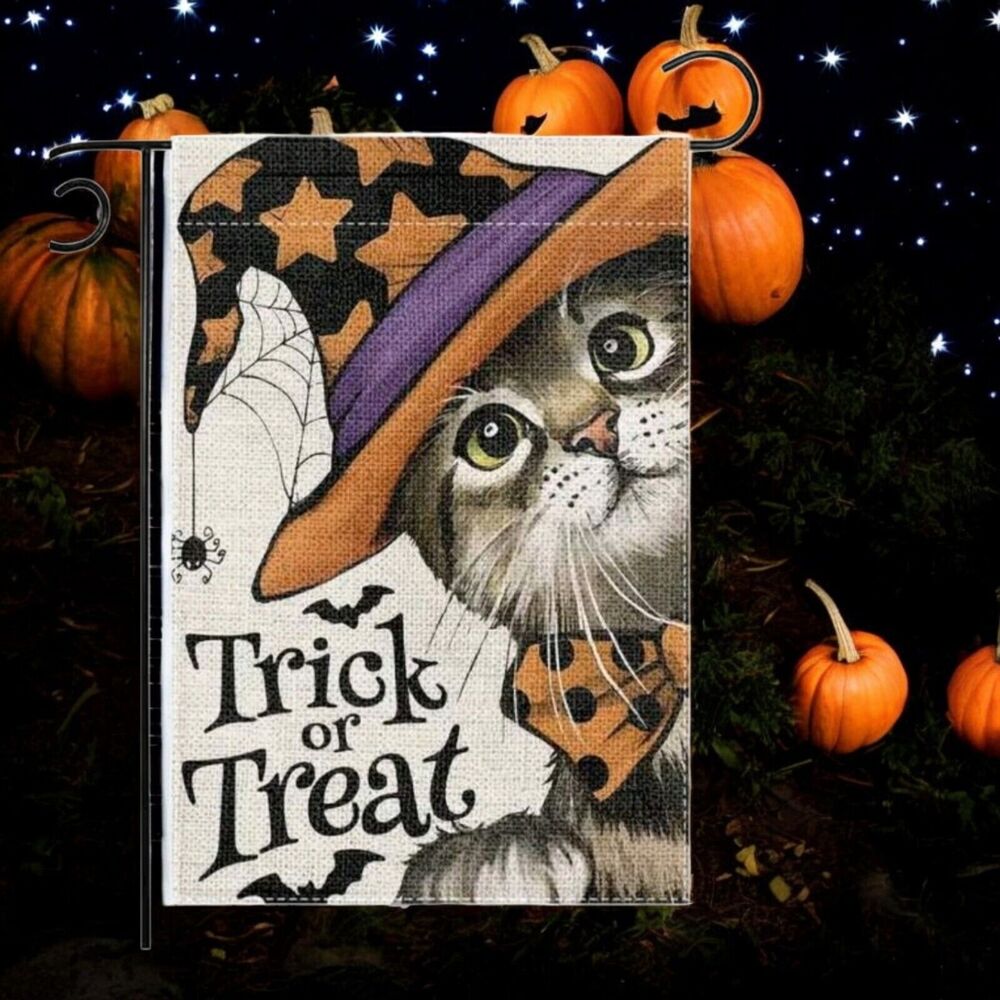 Witchy Cat Garden Flag Halloween Kitten Trick Or Treat Wizard Kitty Double Sided